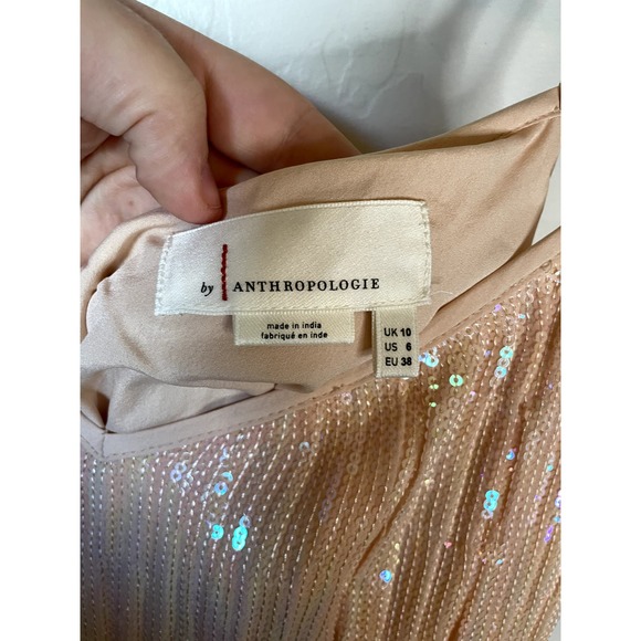 Anthropologie | Peach Color Spaghetti Strap Iridescent Sequin Ruffle Top Size 6 - Picture 4 of 4